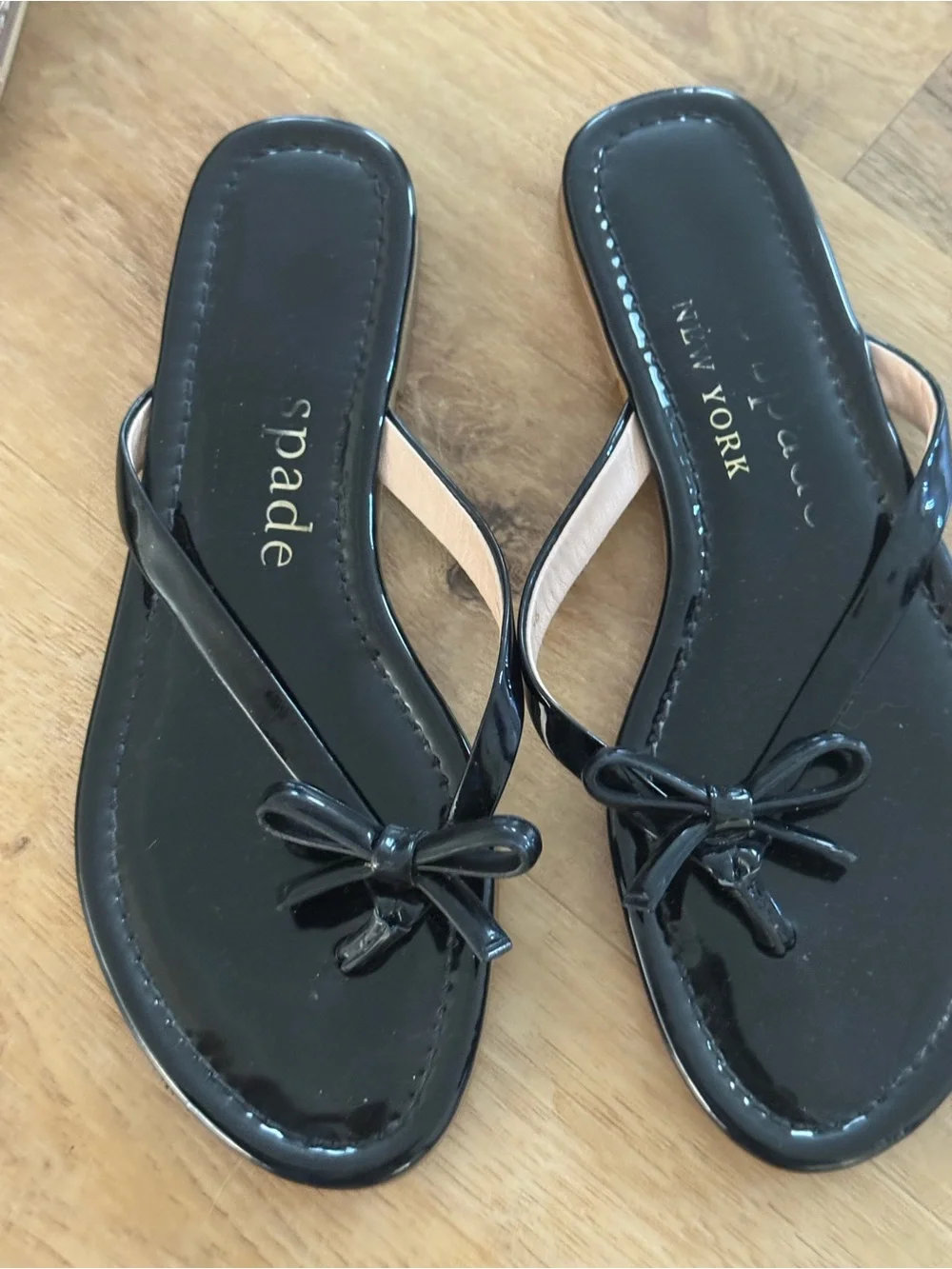 kate spade Black Patent Bow Thong Sandals